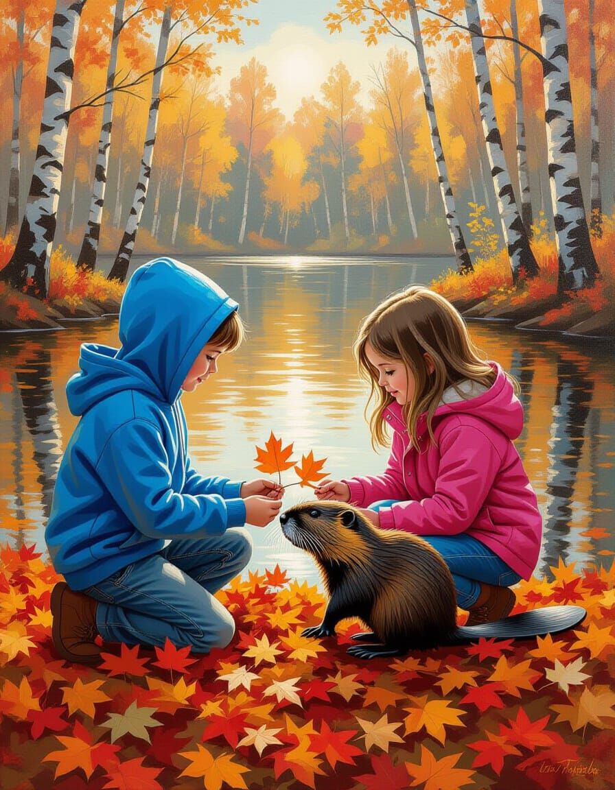 Children Offer Branch to Beaver in Autumn Forest