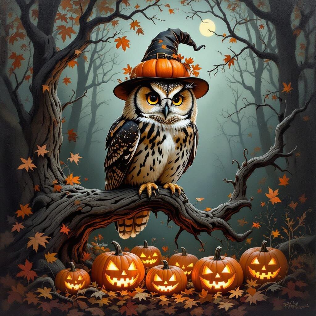 Wise Owl in Pumpkin Hat with Glowing Lanterns