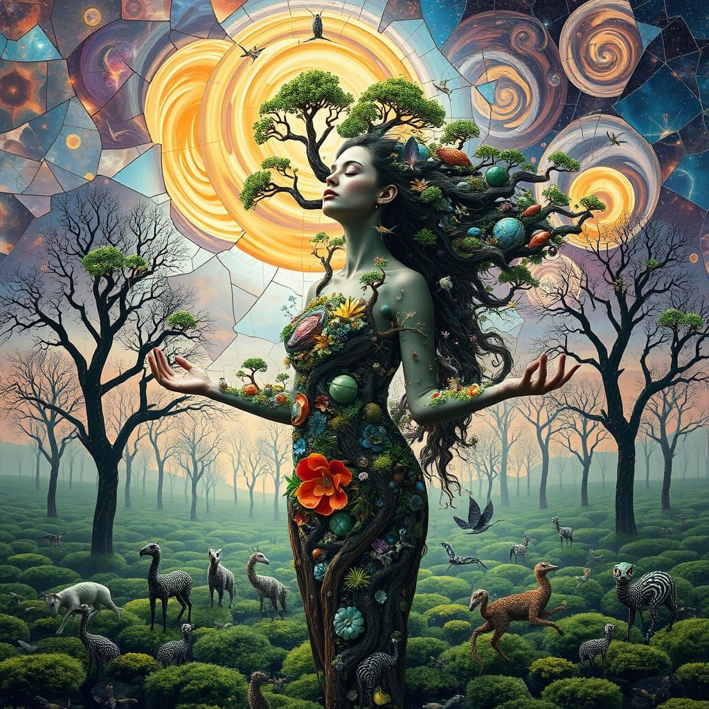 Surreal Bio-Art Collage: Woman as Interconnected Ecosystem