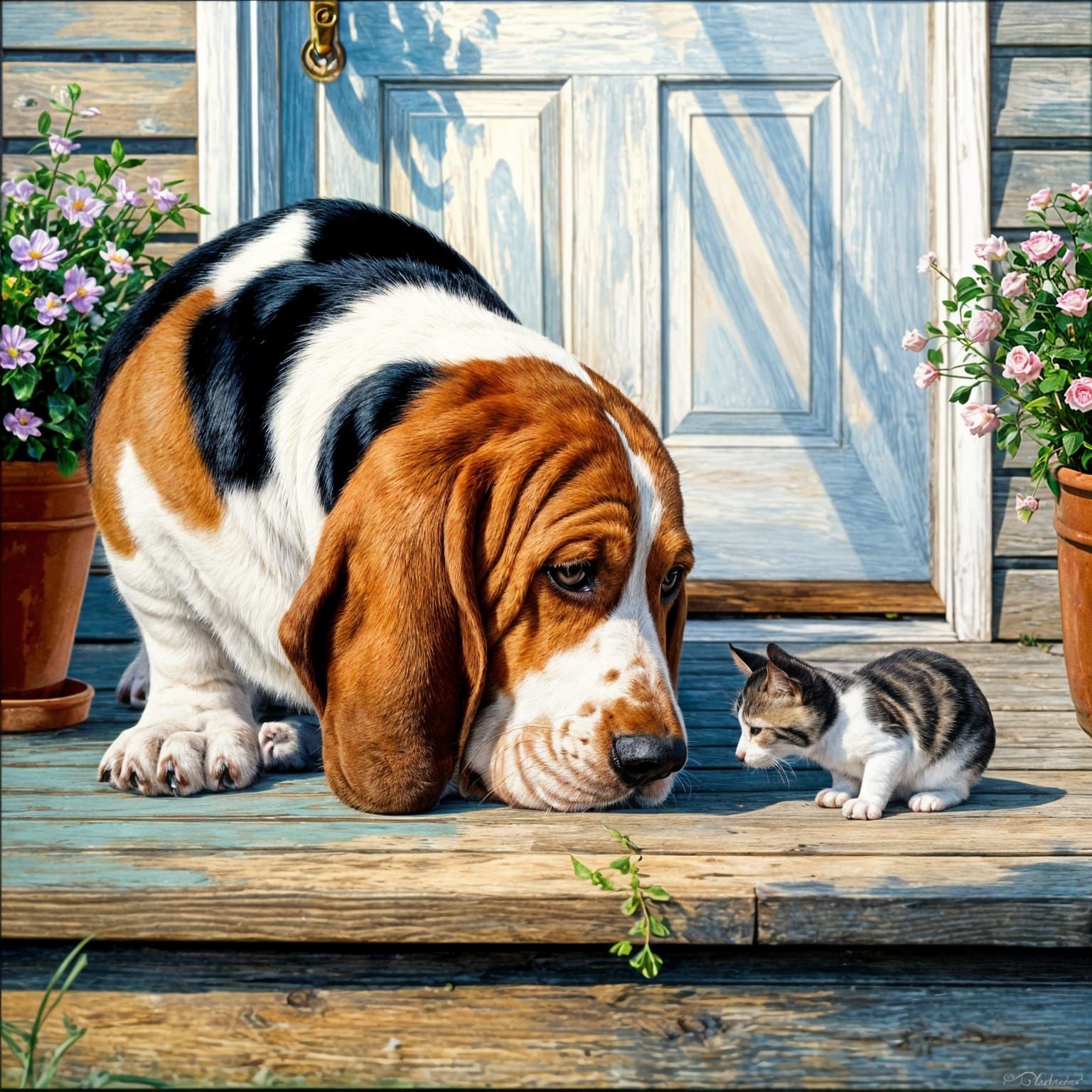 Heartwarming Painting of Basset Hound and Kitten on Porch