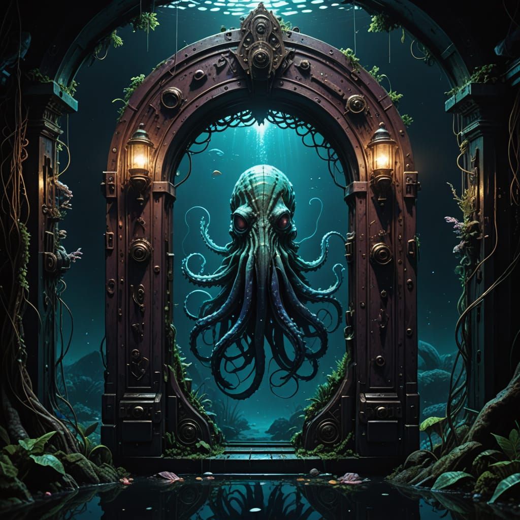 Ornate Submarine Door Surrounded by Giant Squid