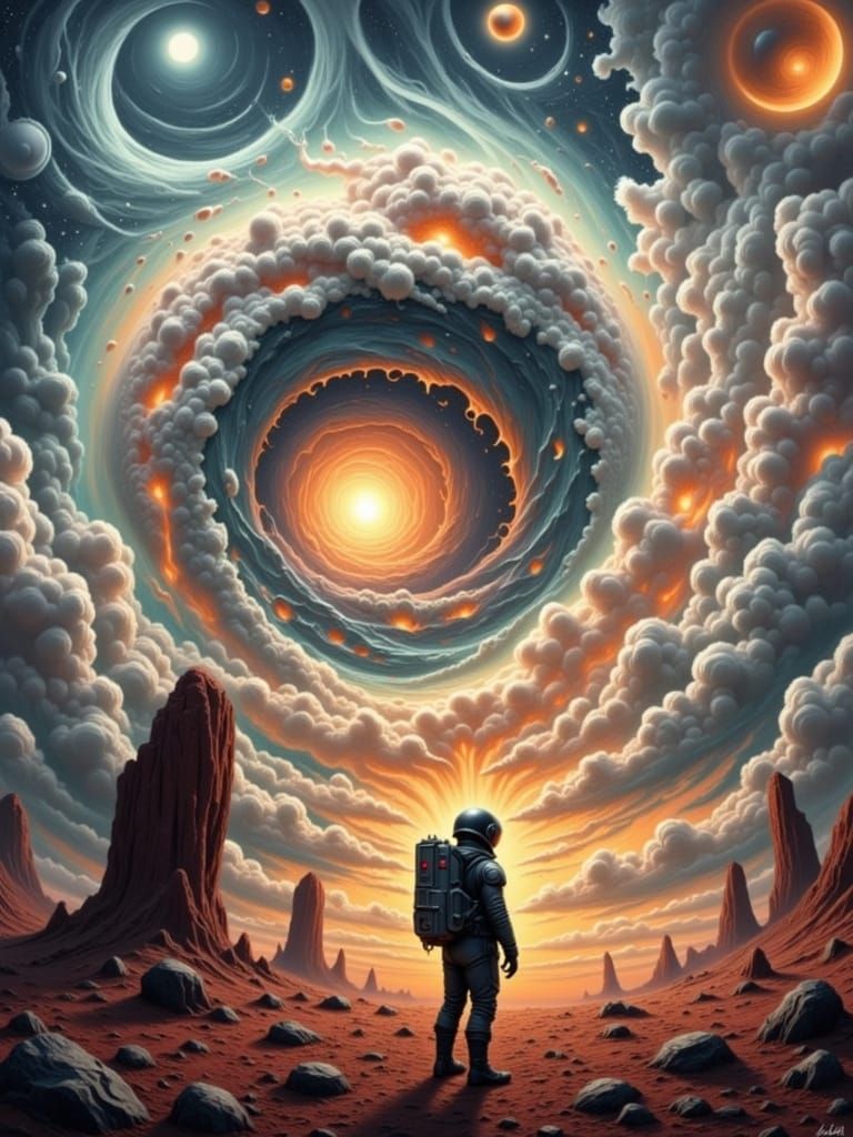 Astronaut on Red Planet Under Nebula Sky