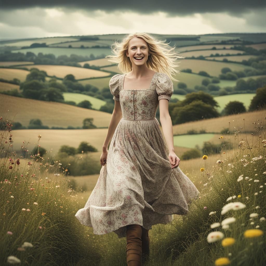 Blond Woman in Rural Landscape: Cinematic Digital Art