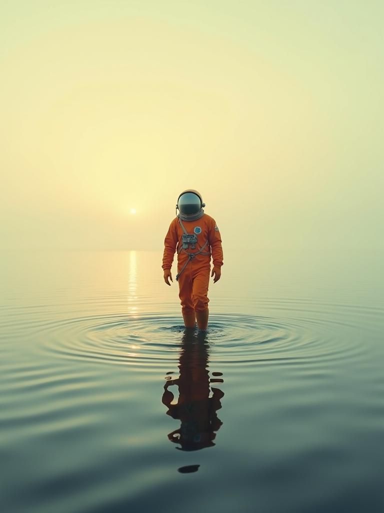 Astronaut Wading Through Water on an Alien Planet