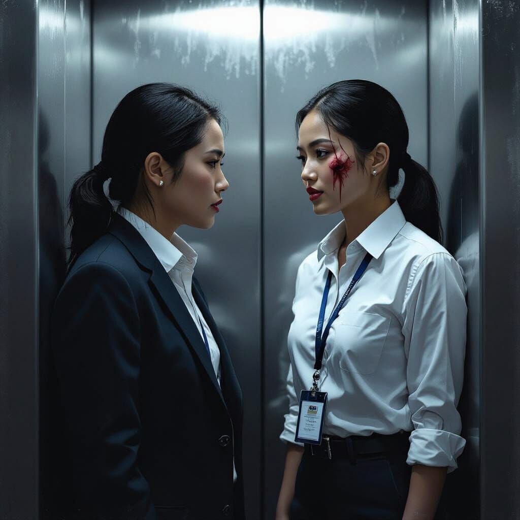 Ominous Elevator Encounter: Gritty Horror Scene