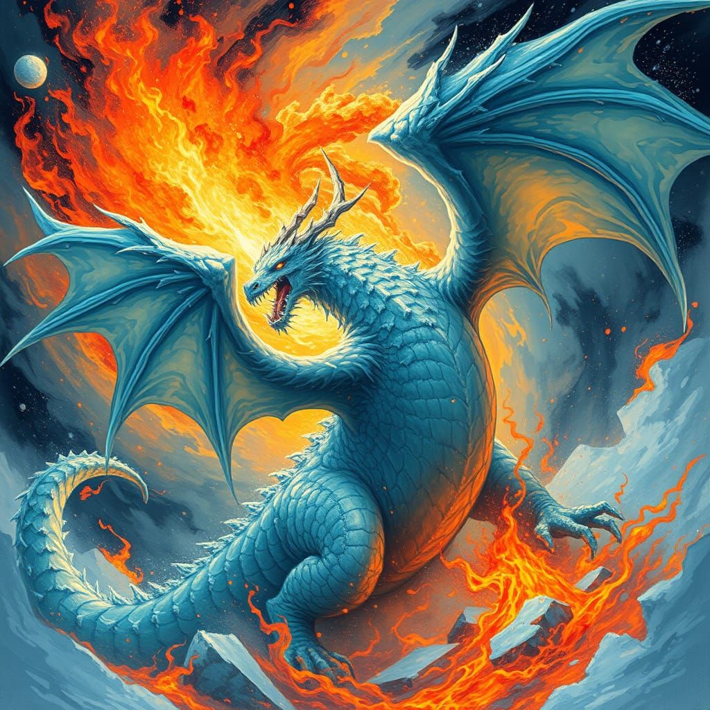 Ice Dragon Breathing Fire in Sci-Fi Style