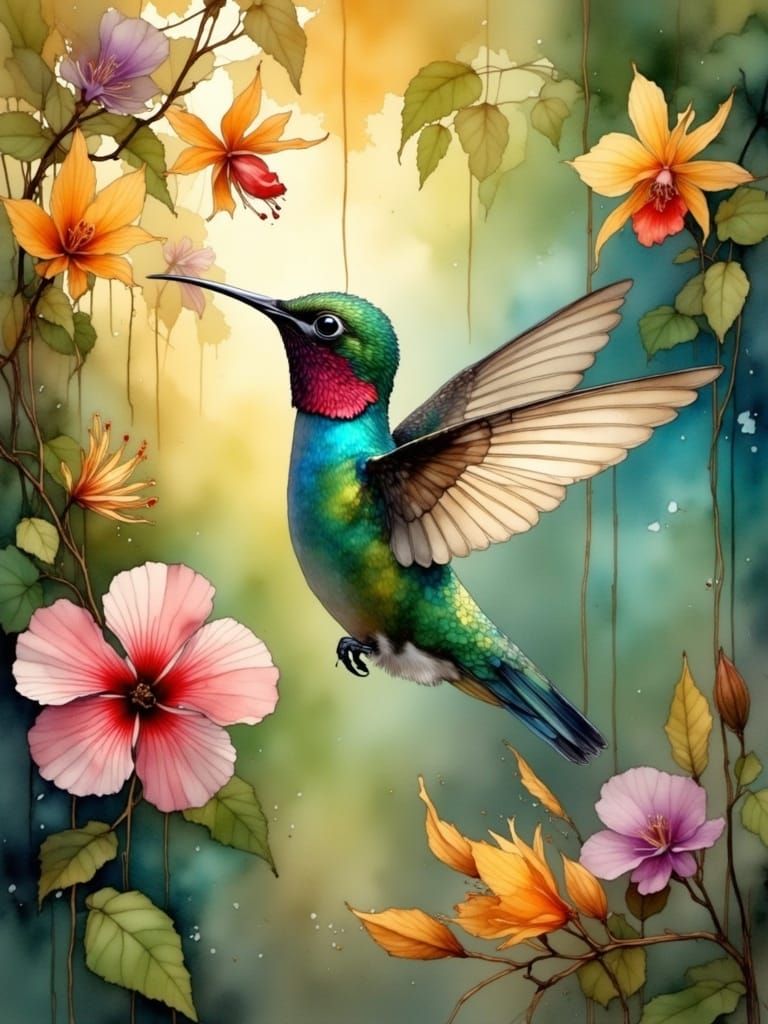 Vibrant Hummingbird Amidst Tropical Flowers in Whimsical Pai...