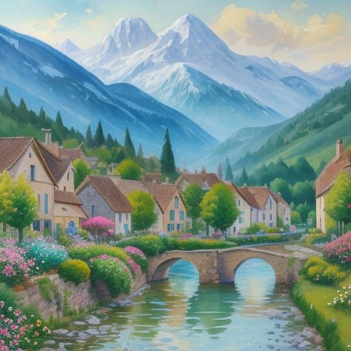 Envision a French village nestled on a riverbank, surrounded...