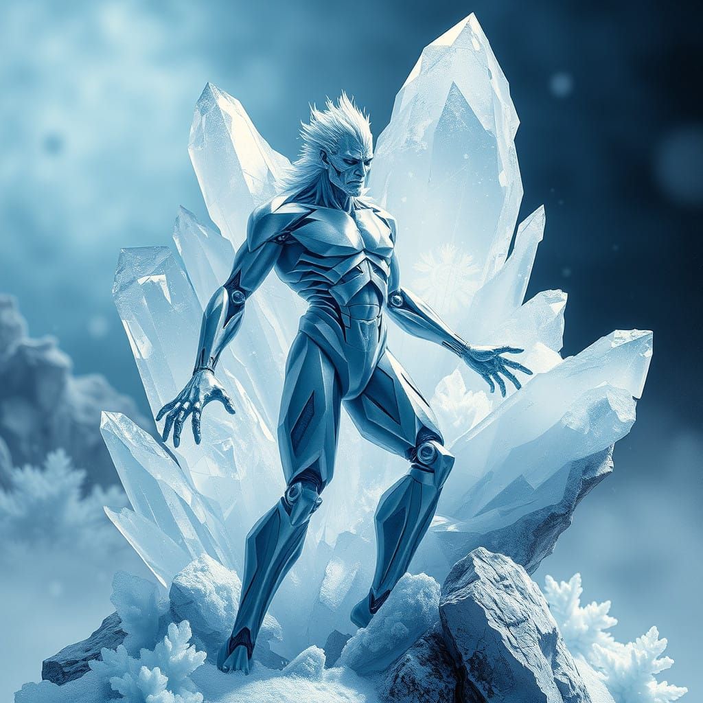 Cubist Humanoid Emerges from Crystal Formations in Frosty Bl...