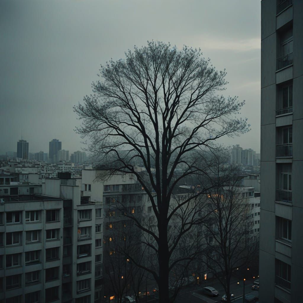 Tree in the City's Grey Haze, Cinematic Film Still