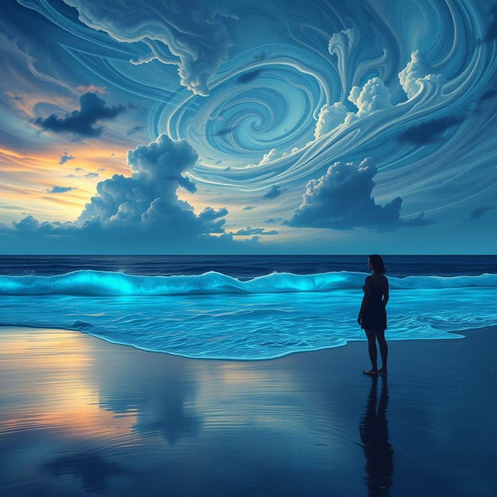 Bioluminescent Waves Under a Colorful Sky