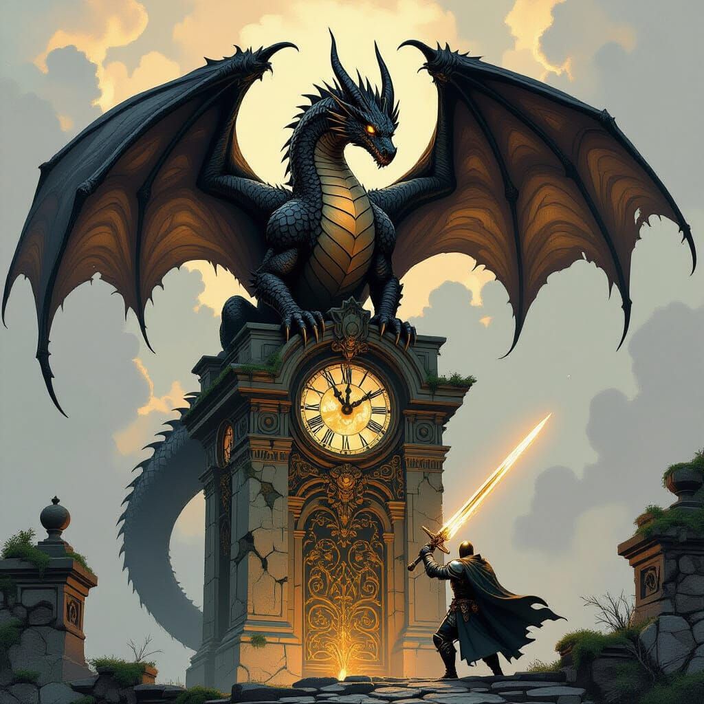 Ancient Dragon on Art Nouveau Tower vs Knight