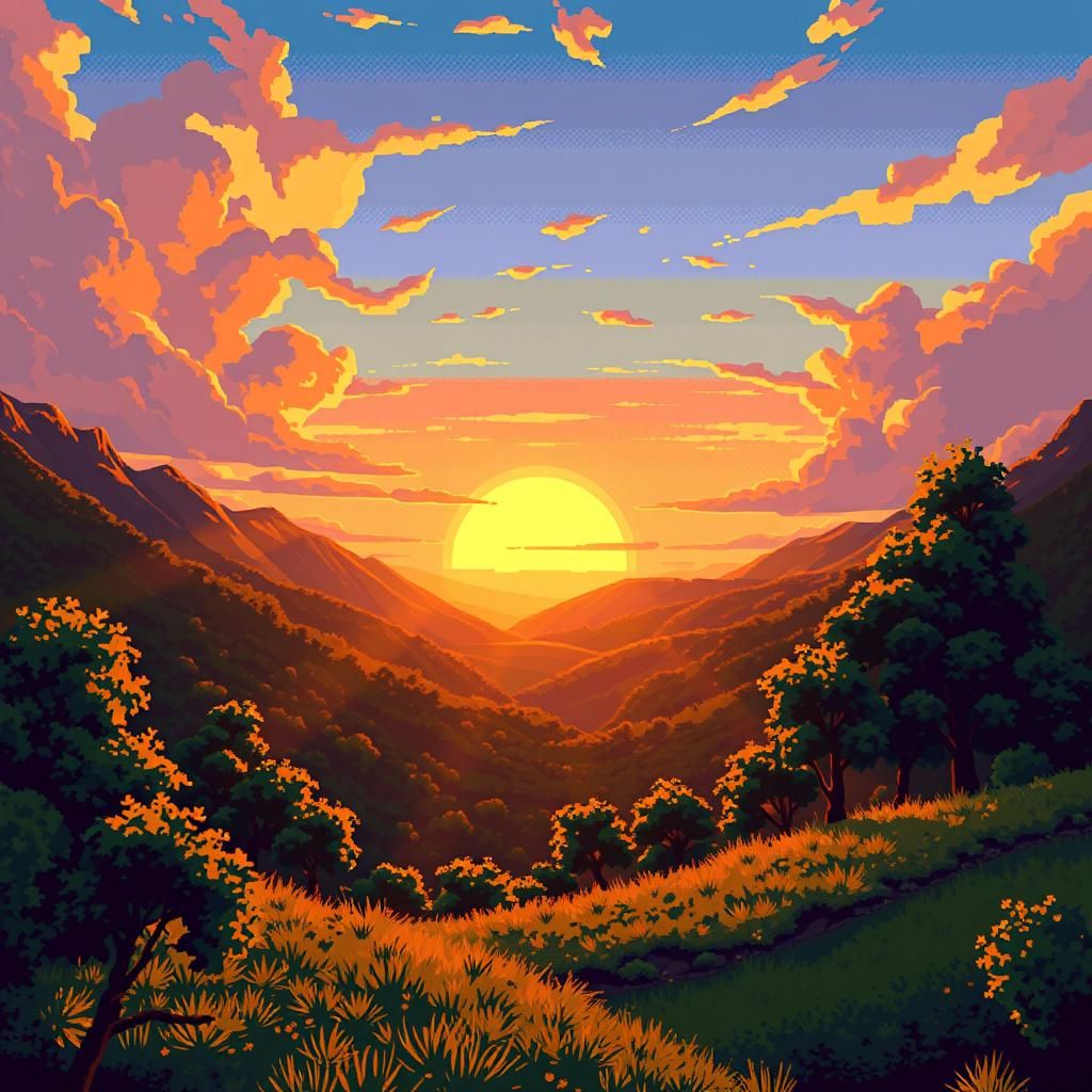 Pixel Art Sunset Over Lush Green Valley