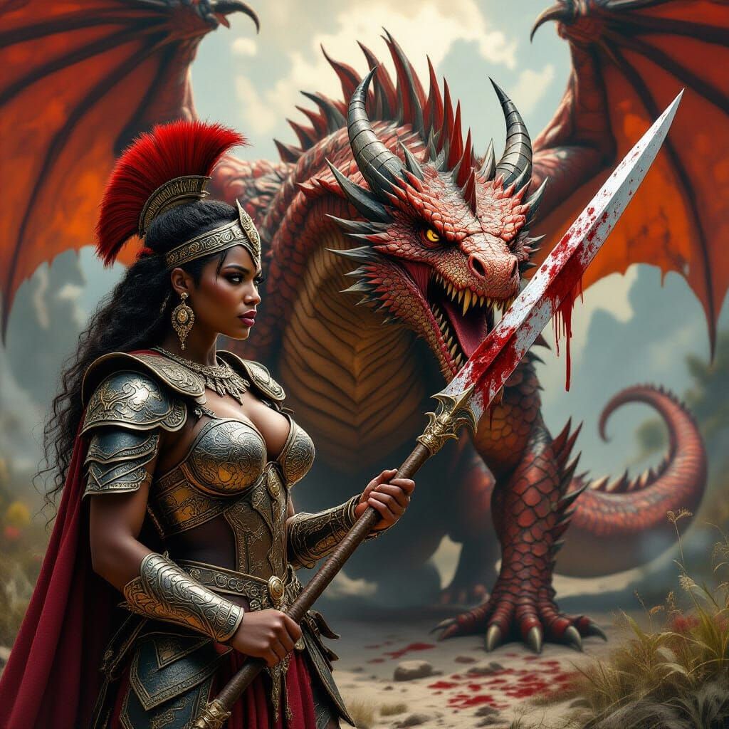 Angolan Warrior Battles Dragon in Baroque Style