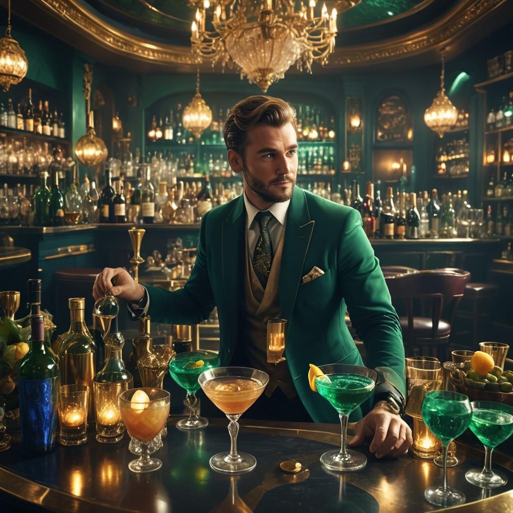 Luxurious Bar Scene with Bartender in Emerald and Sapphire