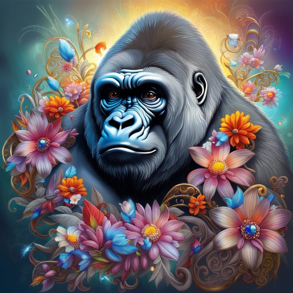 Hyperrealistic Gorillas with Flowers and Gems