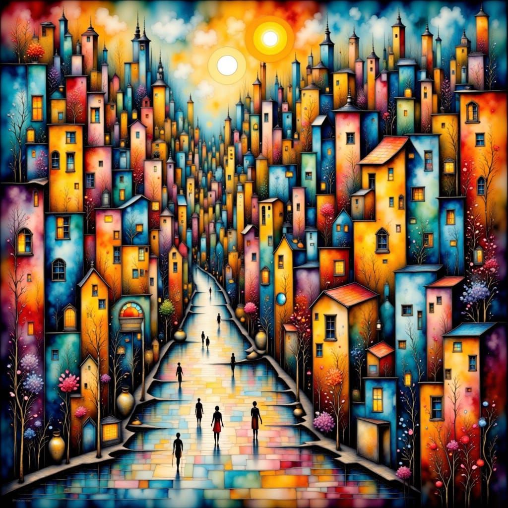 Cubist Cityscape with Fragmented Buildings and Geometric Sha...