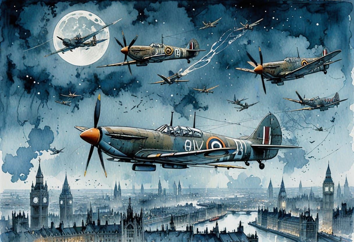 Spitfires Patrolling London Under Moonlight in Watercolor