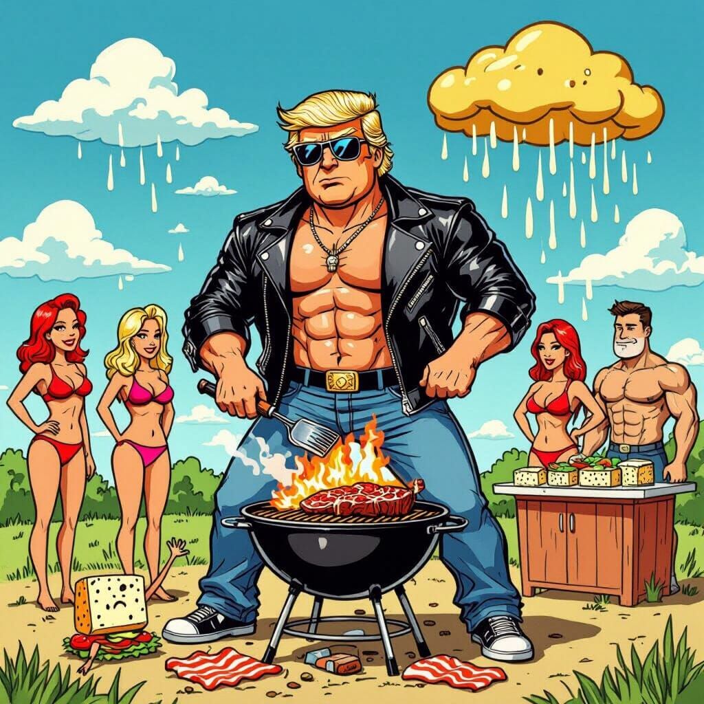 Cartoon Trump Grilling Beef and Vegetable Workout