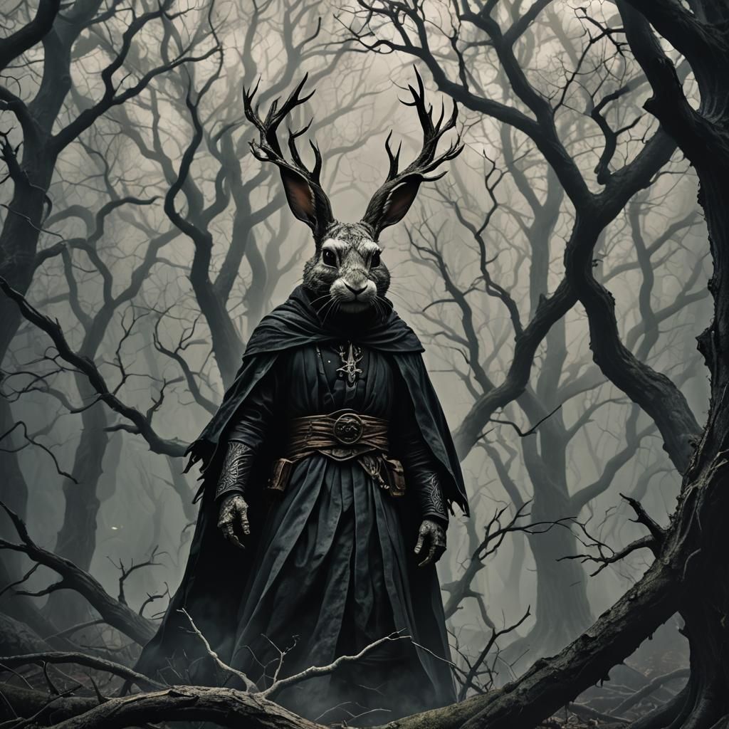 Rabbit Sith Lord in Haunted Forest: Dark Fantasy Art