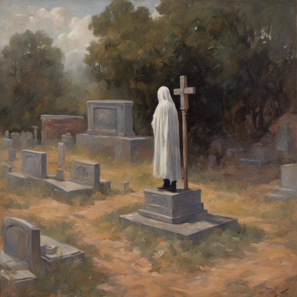Ghostly Boy Beside Grave as Oil Painting