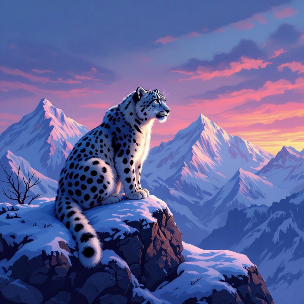 Snow Leopard Surveys Snowy Mountains in Twilight