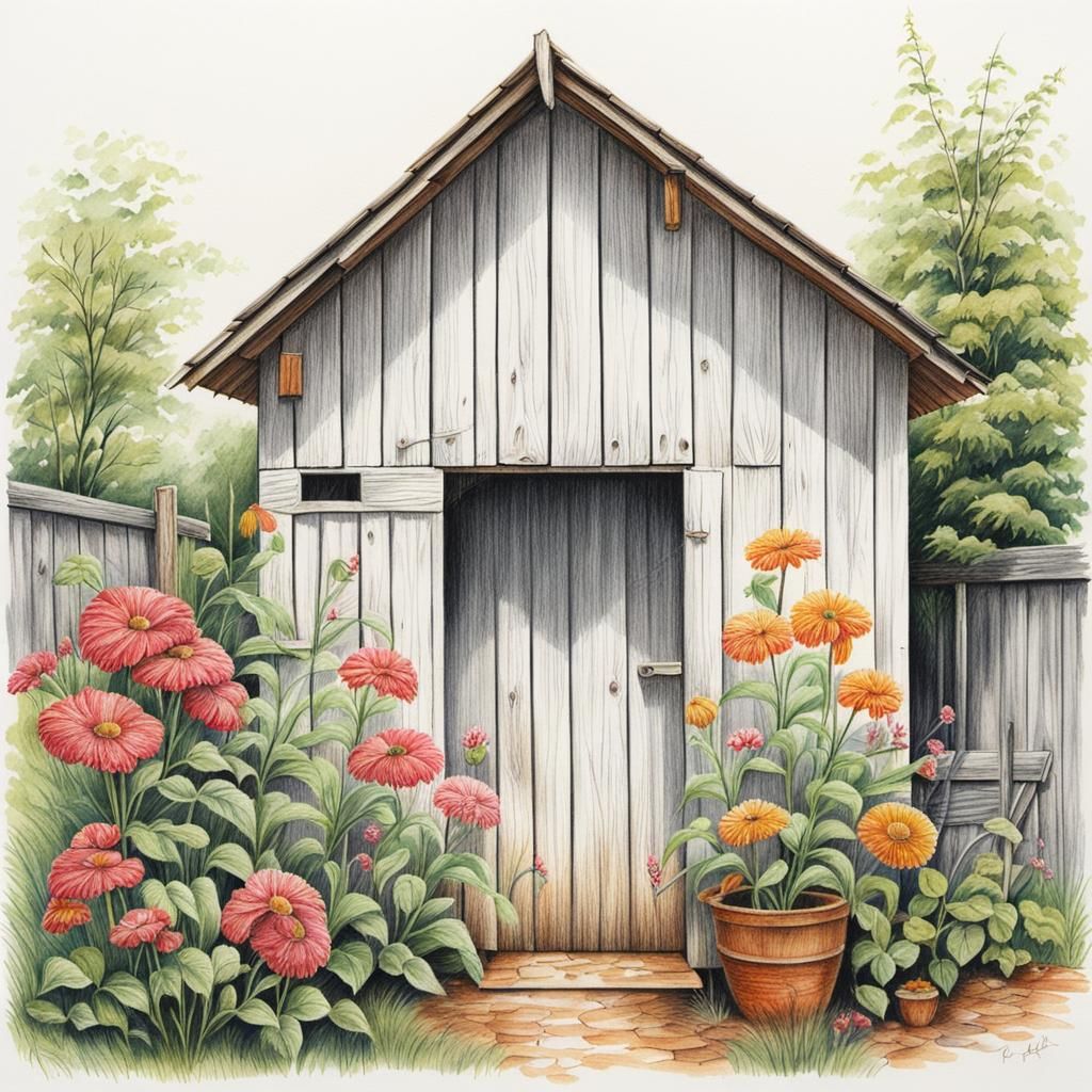 Old Wooden Garden Shed in Colored-Pencil Style