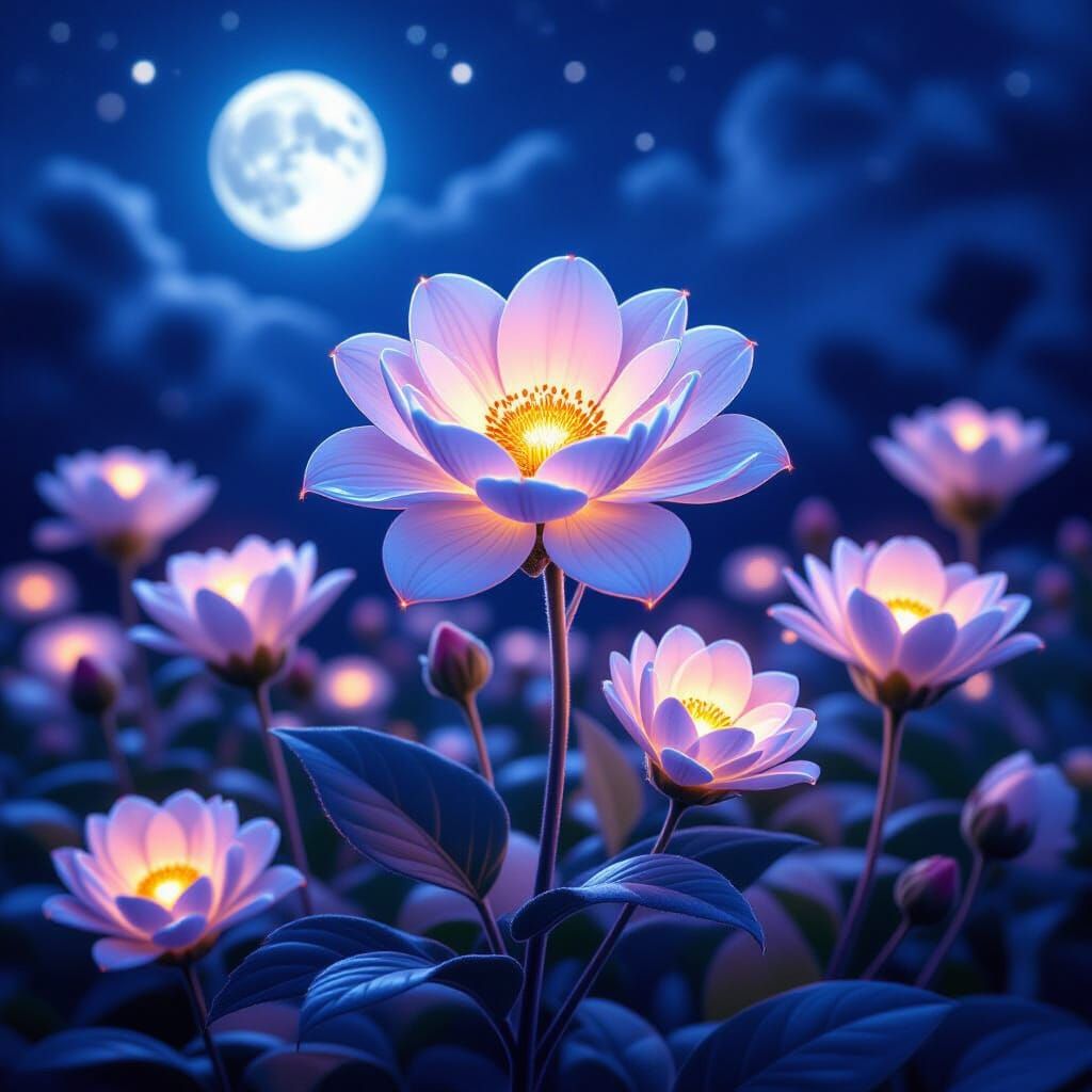 Bioluminescent Flowers Bloom Under Moonlight