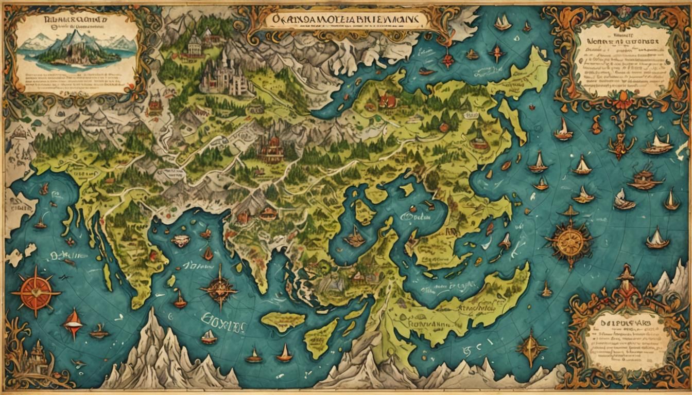 Fantastical Old-World Map with Mythical Creatures