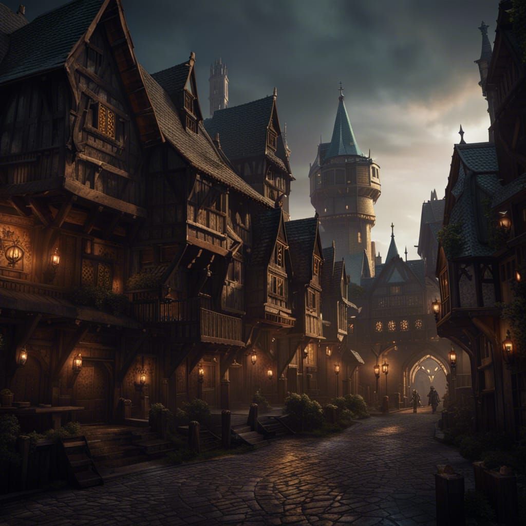 Epic Medieval Fantasy City in Dark Concept Art