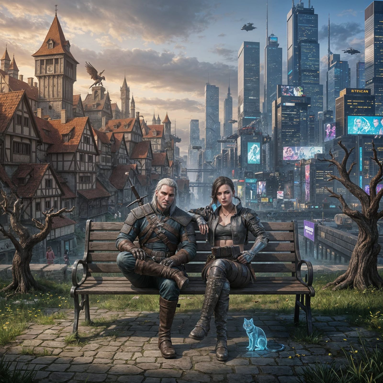Geralt and Female V on Bench Between Novigrad & Night City