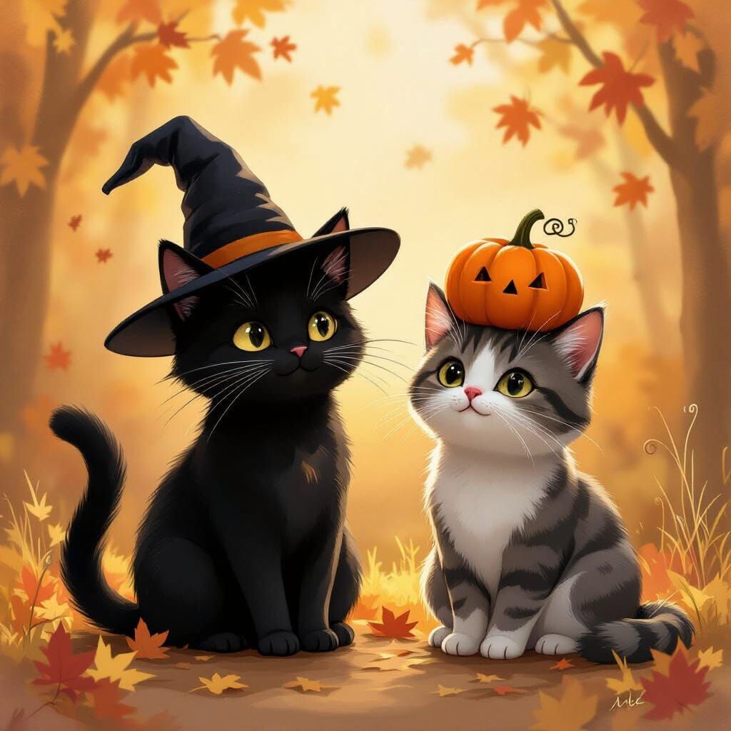Cats in Autumn Hats: Wizard Cat and Pumpkin Cat