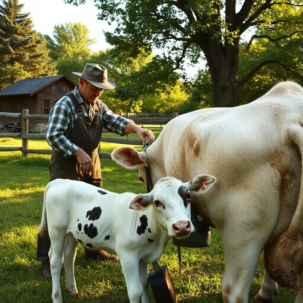 Rustic Farmer Milks Cow in Serene Rural Landscape