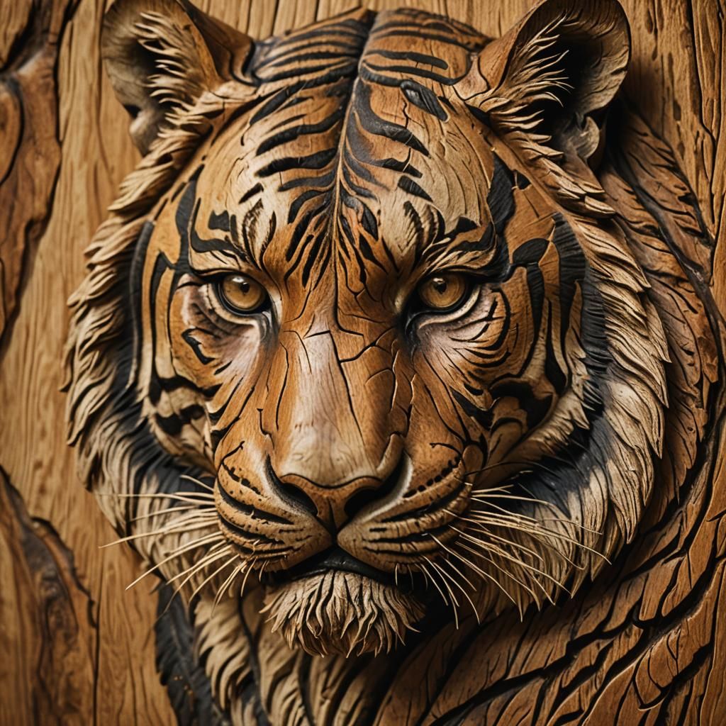 Cinematic Wooden Tiger Carving in Golden Light