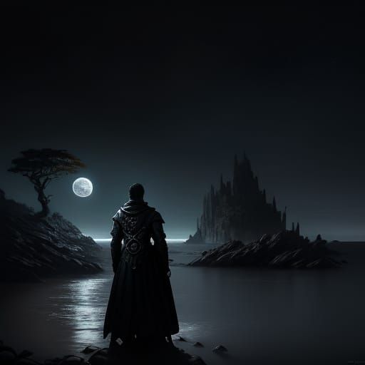 Moonlit Beach Scene with Ancient Trees and Rocks