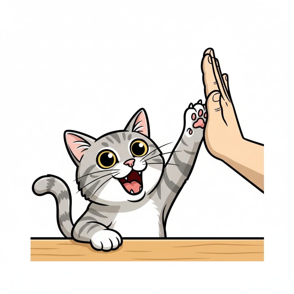 Gray Tabby Cat Gives Playful High Five in Vector Art