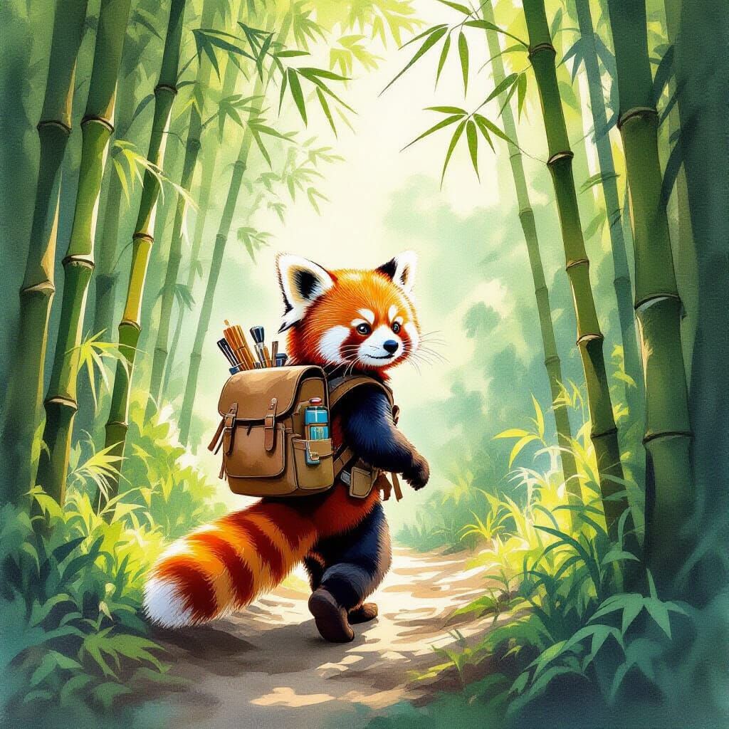 Red Panda Explorer in Bamboo Jungle, Watercolor Style