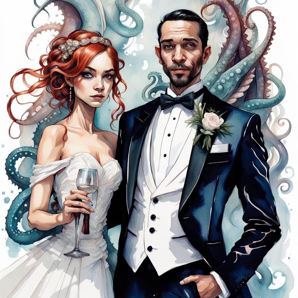 Kraken Best Man at Wedding in Ink Art Style