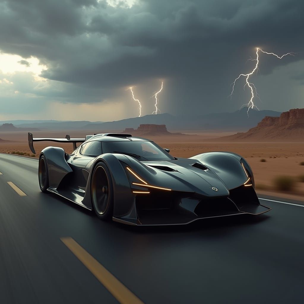 Racing Car in Stormy Desert Landscape as Digital Art