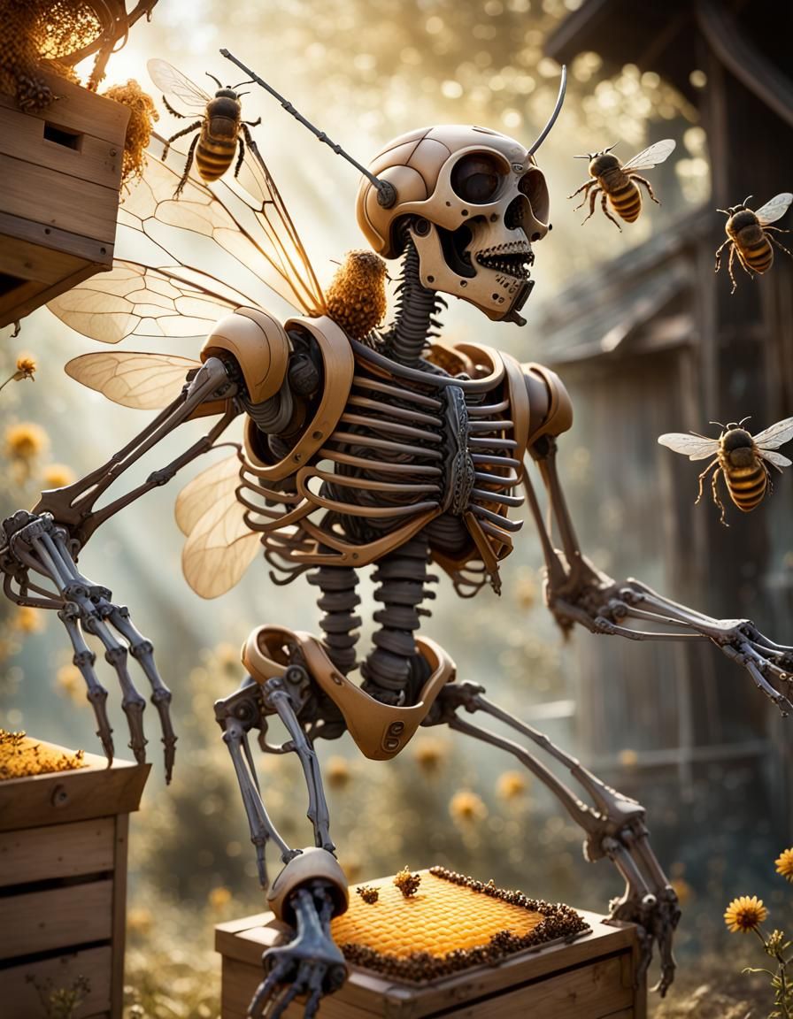 Biomechanical Skeleton Attacks Beekeeper in Horror Style