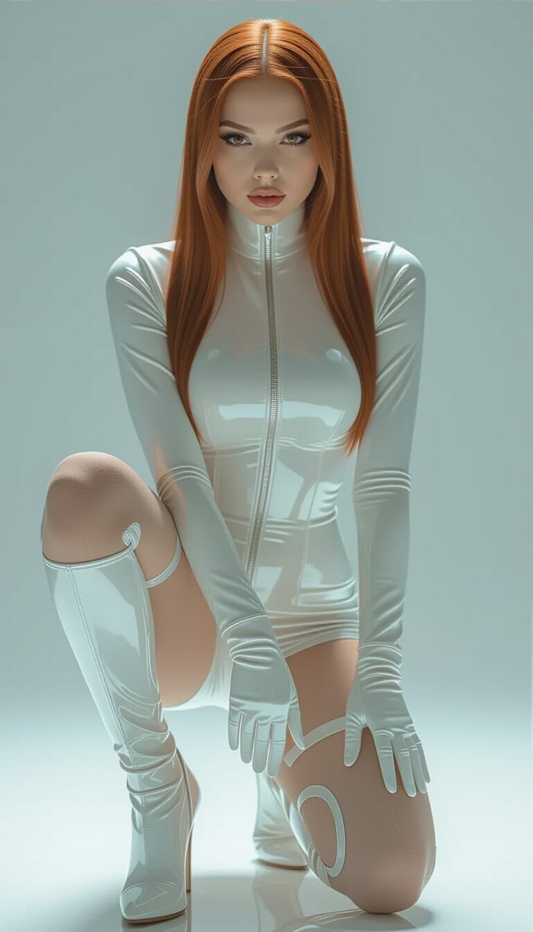 Woman in White Latex Bodysuit in Futuristic Style