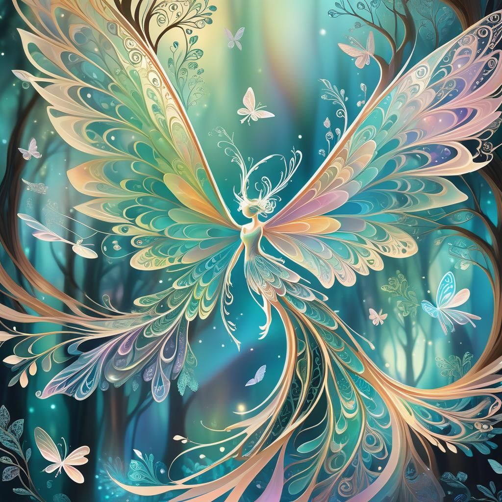 Whimsical Fairy Flight in Abstract Fractal Style