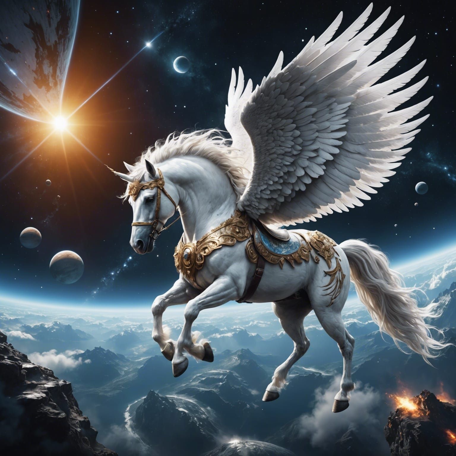 Magnificent White Pegasus in Space: Fantasy Art