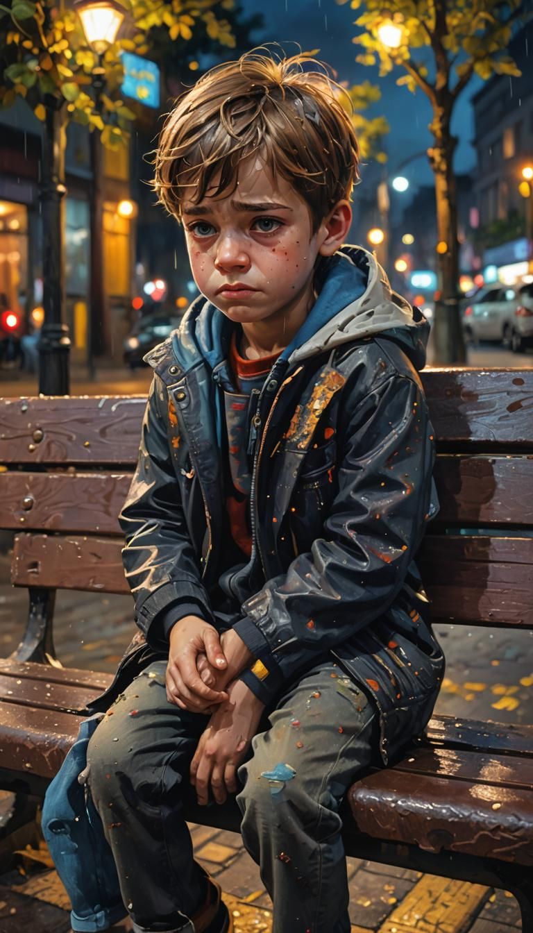 Sad Boy Crying on Bench at Night