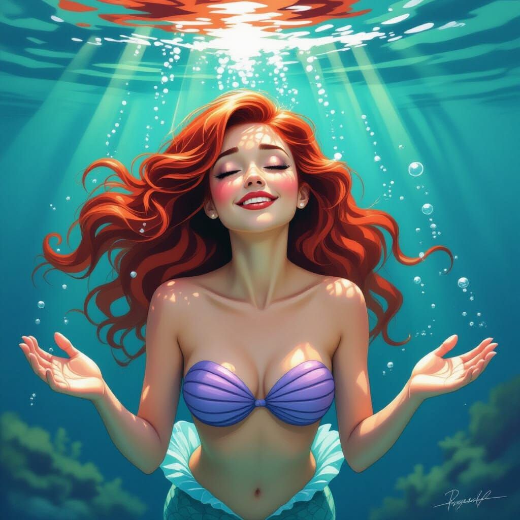 Realistic Mermaid Singing Underwater in Impressionist Style