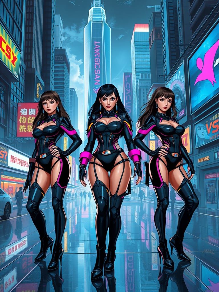 Confident Women in Cyberpunk Cityscape