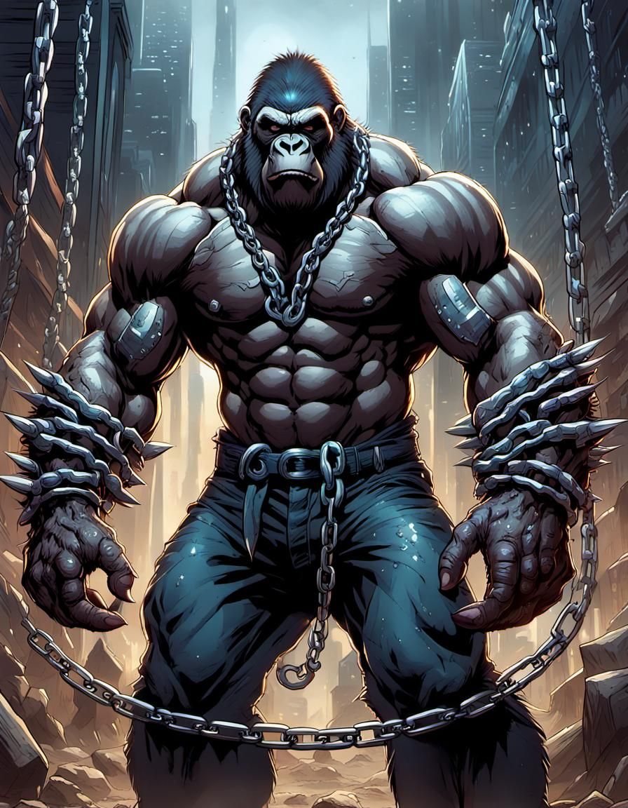 anthropomorphic gorilla man with massive muscular muscle ,8k resolution concept art with chains,spikes and huge claws