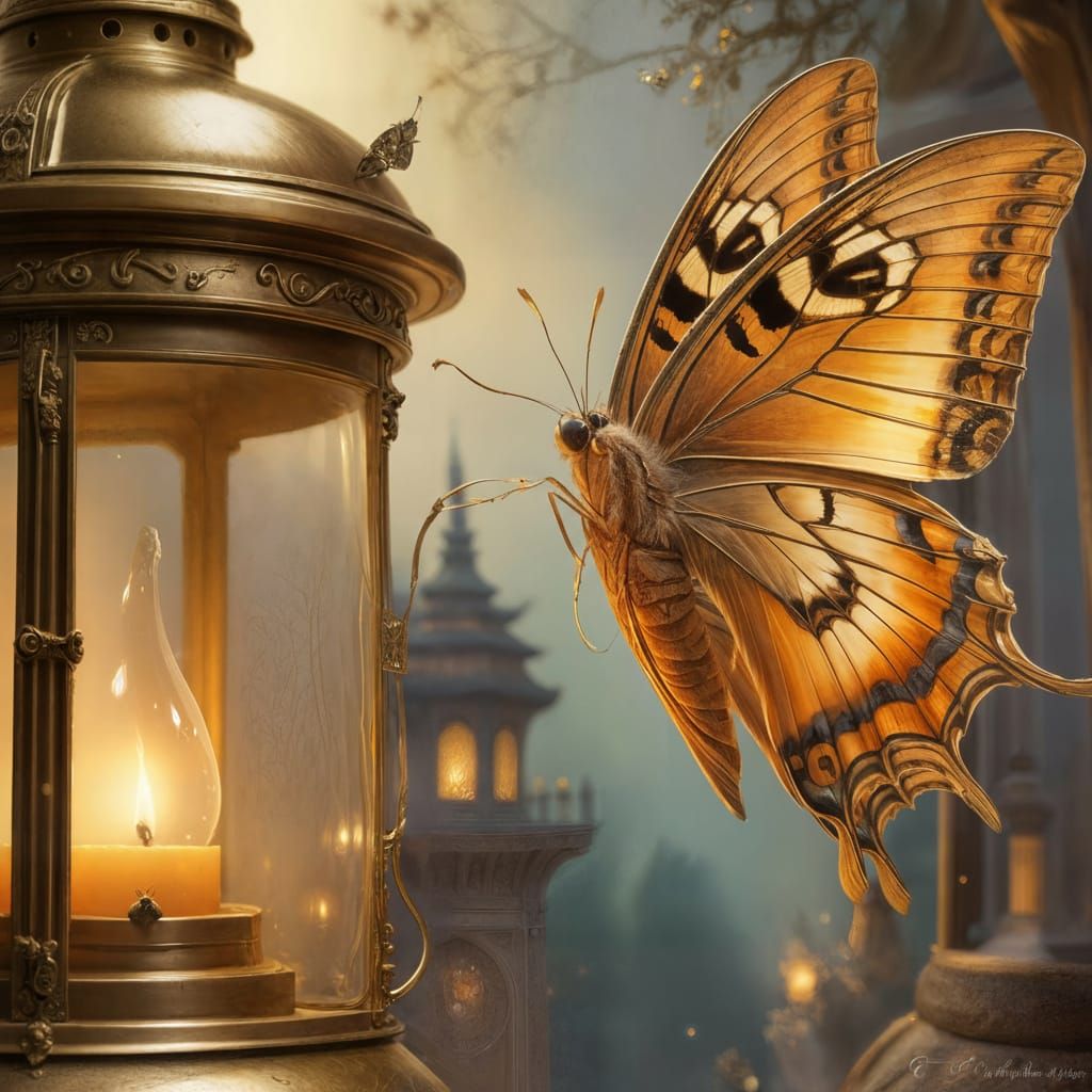 Moth's Sacred View of Ornate Oil Lantern Temple