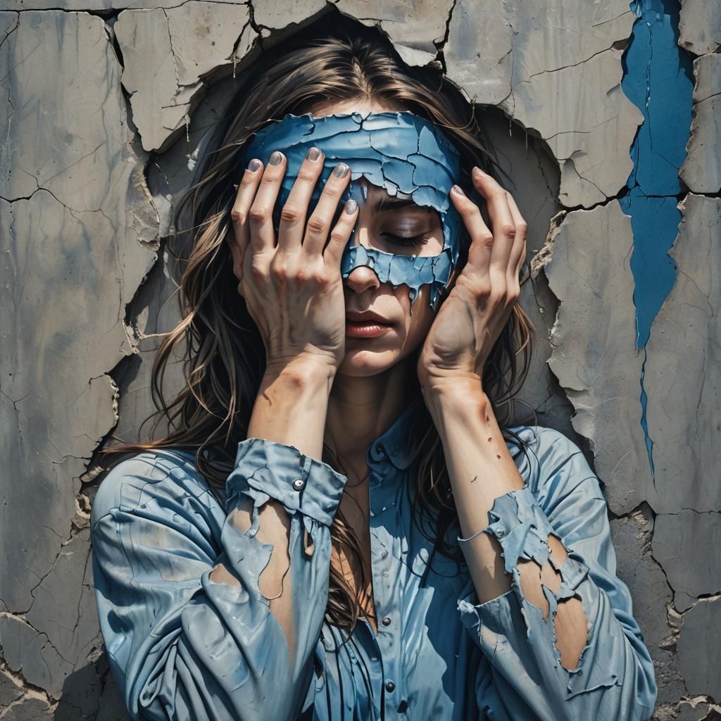 Surreal Agony: Woman in Blue Blindfold, Matte Painting
