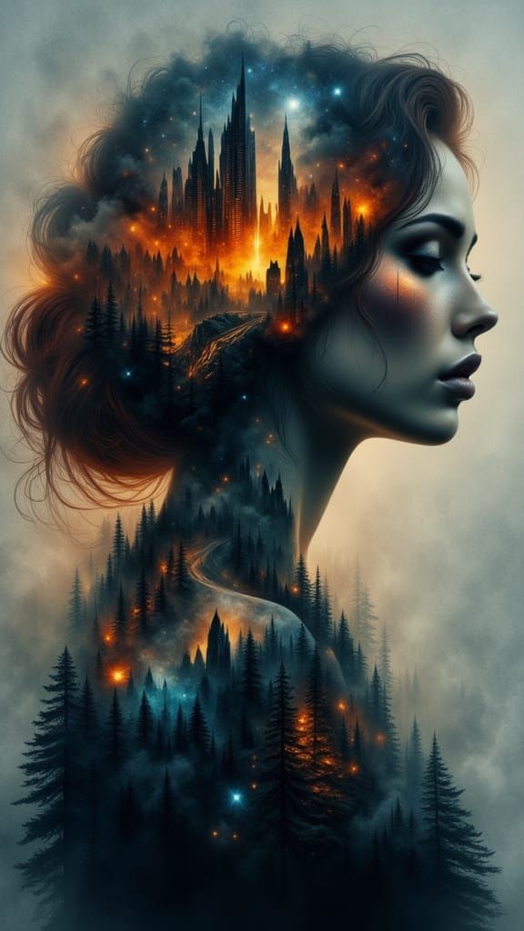 Gothic Beauty Double Exposure Oil Painting